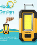 2 Pack Rechargeable Led Work Light With Magnetic Base, 1200 Lumen 30W Cob, Yellow, showing hook design for hands-free use.