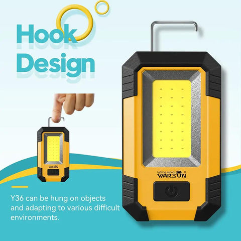 2 Pack Rechargeable Led Work Light With Magnetic Base, 1200 Lumen 30W Cob, Yellow, showing hook design for hands-free use.