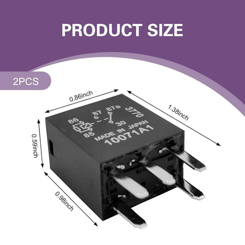 Hassle Free 2Pack Auto Fuel Pump Relays 12Volt 5Pin Direct Plug Power Switch 30Amp Universal Replacement showing dimensions and detailed view.