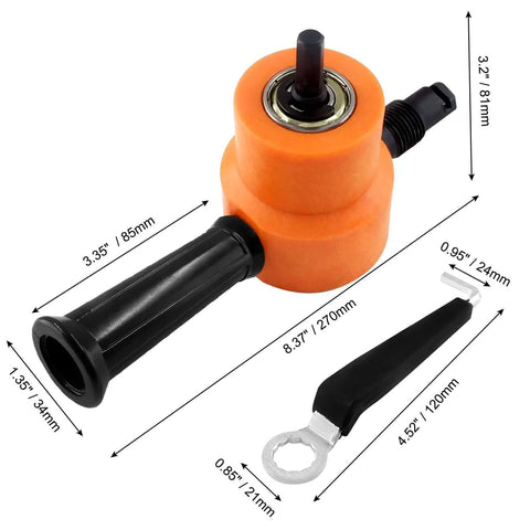 Orange Multipurpose Double Head Sheet Nibbler Metal Cutter Drill Attachment with measurements for precise cuts