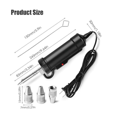 Go To Automatic Desoldering Pump For Fast Tin Removal, Electric Desoldering Gun AC110V 30W with soldering nozzles and dimensions