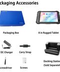Packaging accessories for Kickass 8 Inch Rugged Tablet With Fingerprint Android 15, including charger, carry strap, and docking station.