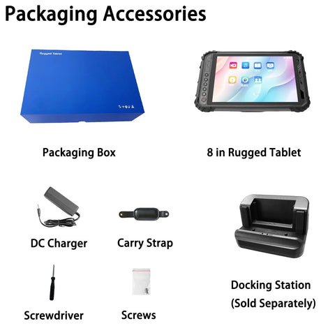 Packaging accessories for Kickass 8 Inch Rugged Tablet With Fingerprint Android 15, including charger, carry strap, and docking station.