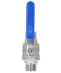 Dang Tough 3/4 Inch Stainless Steel Manual Shutoff Valve With Male Threads Heavy Duty Plumbing Fitting facing front with blue handle.