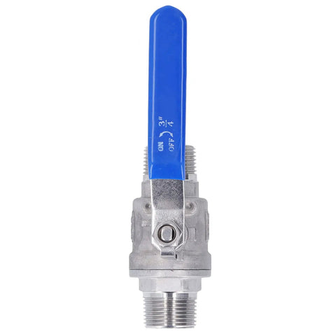 Dang Tough 3/4 Inch Stainless Steel Manual Shutoff Valve With Male Threads Heavy Duty Plumbing Fitting facing front with blue handle.
