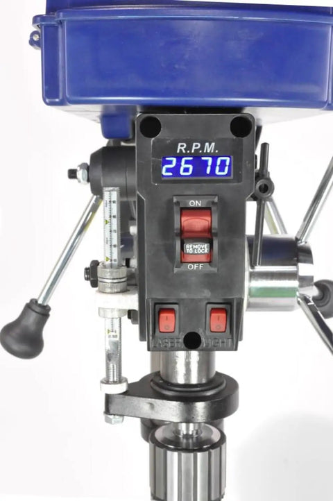 Details of the digital control panel on the Straight Up Workhorse 12 Inch Variable Speed Benchtop Drill Press With 3 4 Horsepower Motor.