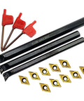 Right Hand 95 Degree Internal Turning Boring Bar Set With Three Holders And 10 DCMT21.51 Inserts For Steel And Stainless Steel Machining, Built Tough 40Cr Forged Bar Body With Carbide Inserts DCMT070204