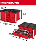 Heavy Duty 242 Piece Ratchet Socket Set With 4 Drawer Tool Box dimensions shown from top and side, red tool box with chrome sockets.