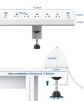 Diagram of Desk Edge Clamp Power Strip With USB C Charging Station 40W Fast Charging 4 PD 20W, showing dimensions and installation.