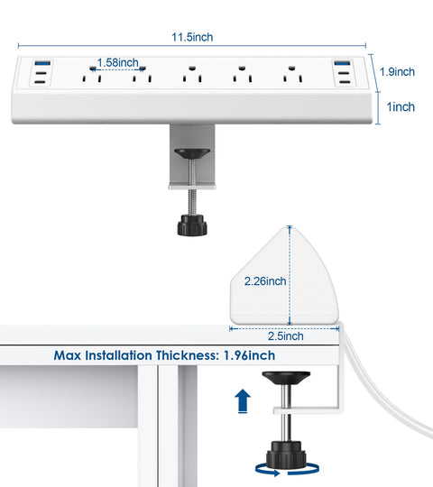 Diagram of Desk Edge Clamp Power Strip With USB C Charging Station 40W Fast Charging 4 PD 20W, showing dimensions and installation.
