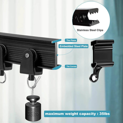Close-up of All-In-One Bendable Ceiling Curtain Track System with 12Ft flexible sliding rails and hardware, black color.