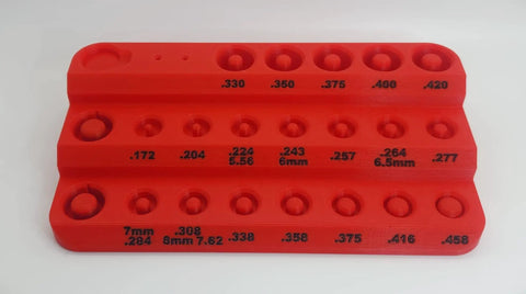 Table Top Reloading Stand for Bullet Comparator and Headspace Gauge Kits Keeps Lock N Load Gauge and 14 Insert Bullet Comparator Set Organized Anvil Base Compatible Durable Holder for All Your Reloading Bits, red plastic, top view