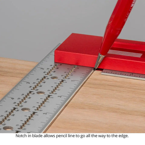 Precision Woodworking Square Set 6 Inch And 12 Inch Stainless Steel Self Standing With Scribing Notches USA Made Feature Packed For Accurate Repeatable Cuts shown with pencil scribing on wood.