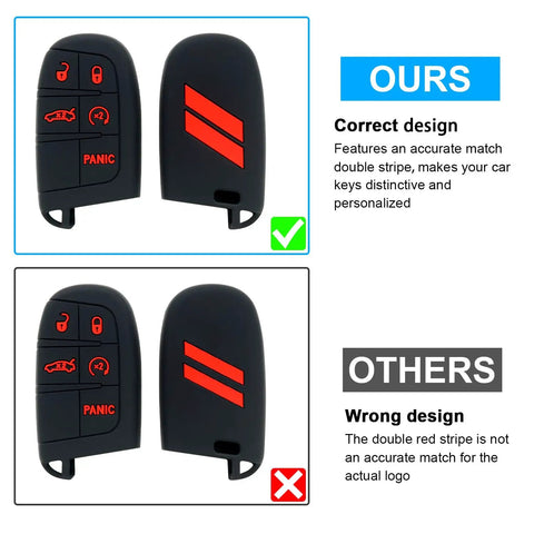 Dodge Key Fob Cover 5 Button Case with correct and incorrect double stripe designs for Charger, Challenger, Dart, Durango, Journey