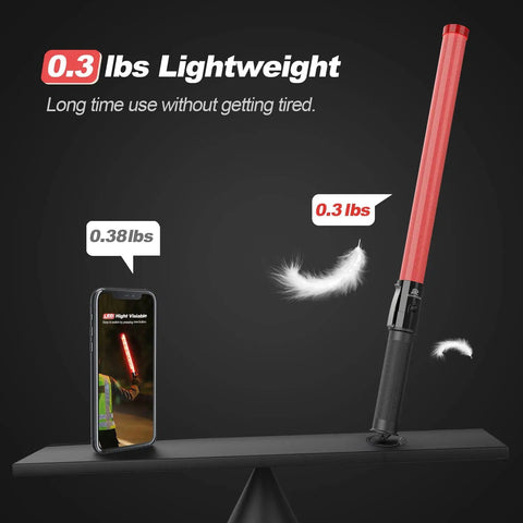 4 Pack 21 Inch LED Traffic Wands With Two Flashing Modes, Safety Light Baton displayed on scale showing 0.3 lbs.