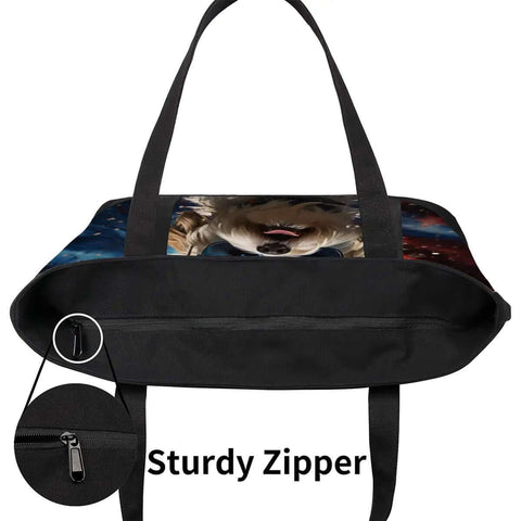 Cool Dog Sunglasses Inspired Canvas Laptop Tote For Women, Lightweight Office Briefcase Style Bag, side view with sturdy zipper