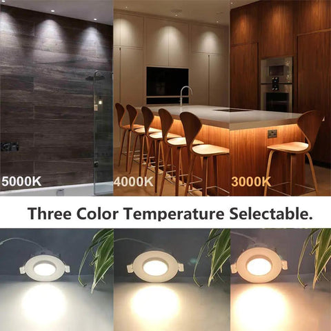 Three Inch Gimbal LED Recessed Light With Dimmable Canless Design EZ Install 8W Color Temperature Selectable 3000K 4000K 5000K in different settings.