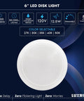 Six Inch LED Disk Light Dimmable Flush Mount Ceiling Fixture With Five CCT Options 2700K To 5000K 12.5W 1000LM Surface Mount