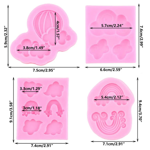 Sweet Rainbow Cloud Fondant Molds Set Of 4 For Cake Decorating And Cupcake Toppers, pink silicone molds with size measurements