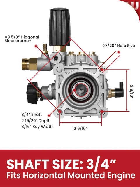 Three Quarter Inch Shaft Pressure Washer Pump 3400 PSI 2.5 GPM Horizontal Replacement Kit front view with measurements