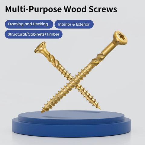 Workhorse Number 10 By 4 Inch Golden Deck Screws With T25 Torx Star Drive And Bugle Head For Interior Exterior Fencing Patio Decks And Furniture Builds 121 Piece Value Pack displayed crosswise on a blue base.