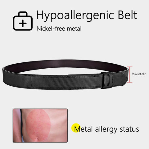 Mechanic Belt For Men No Scratch TSA Approved Non Metal Hypoallergenic Black Leather Buckleless Belt with allergy info
