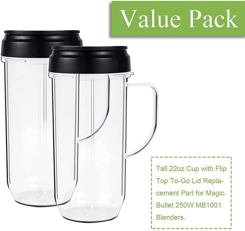 Two Pack 22 Ounce Blender Cups With Flip Top To-Go Lids, Tall Replacement Mugs With Handle For On-The-Go Smoothies And Shakes, Compatible With 250W MB1001 Blenders, shown with clear tall cups and black lids