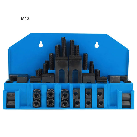 Beefed Up Hardened T Slot Clamp Kit with Combined Press Plate for Lathe and Milling Machines in blue case.