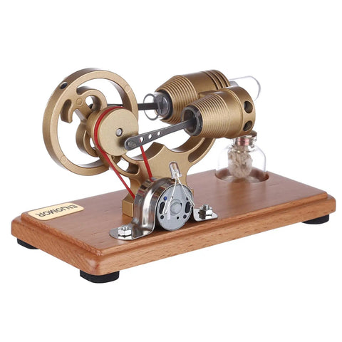 DIY Gamma-Shape Stirling Engine Kit With Generator And LED Lights, bronze aluminum alloy model on wooden base