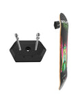 Skateboard Wall Mount Hanger For Deck Display And Storage With Dope Floating Effect Heavy Duty High Load Bearing Reinforced Thermoplastic Stainless Steel Screws And Bolts US Patent Design next to a colorful skateboard deck angled right.