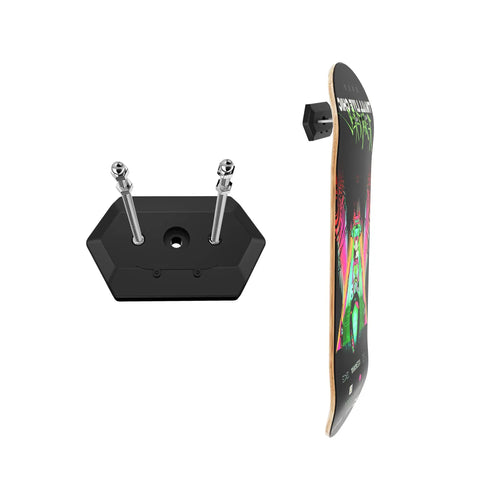 Skateboard Wall Mount Hanger For Deck Display And Storage With Dope Floating Effect Heavy Duty High Load Bearing Reinforced Thermoplastic Stainless Steel Screws And Bolts US Patent Design next to a colorful skateboard deck angled right.