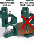 Heavy Duty Hand Press Eyelet Grommet Kit with three die sizes showing recommended usage on thin and thick materials