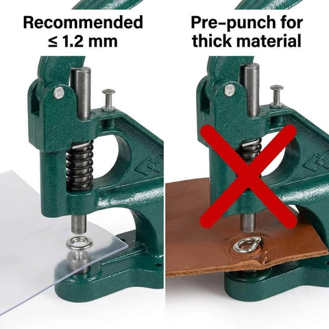 Heavy Duty Hand Press Eyelet Grommet Kit with three die sizes showing recommended usage on thin and thick materials