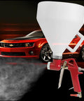 Top Shelf Drywall Texture Sprayer With Generous 0 79 Gallon Hopper And Smart Elbow Grip, red sprayer with white cup spraying paint.
