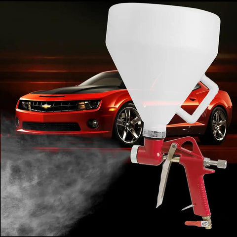 Top Shelf Drywall Texture Sprayer With Generous 0 79 Gallon Hopper And Smart Elbow Grip, red sprayer with white cup spraying paint.