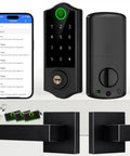 Fingerprint Smart Door Lock Set With App Control And Keyless Entry Bluetooth Touchscreen Keypad Deadbolt Auto Lock Anti Peeping Low Battery Alert Privacy Mode Easy Installation Front Door Lock Black showing front and back