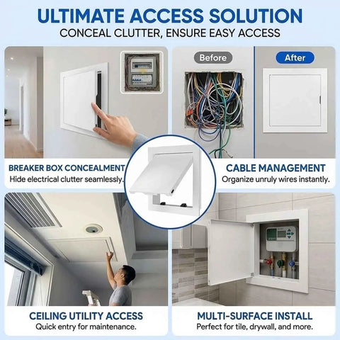 Heavy Duty Galvanized Steel Access Panel For Drywall showing cable management and breaker box concealment in a home.