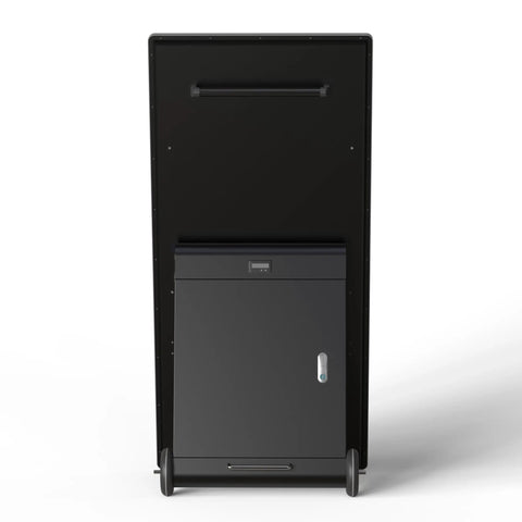 Back view of 43 Inch Heavy Duty Digital Signage Display For Indoor Or Outdoor Installations featuring wheels and secure storage.