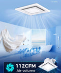 Sleek Ten Inch Ceiling Ventilation Fan With Built In Light Smooth Bath Exhaust Unit Designed To Quickly Whip Out Moisture And Stale Air Delivering Low Key Quiet Tech Alongside Soft Glow Bulbs For Everyday Home Use at an angle with glowing light.