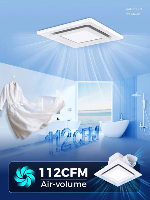 Sleek Ten Inch Ceiling Ventilation Fan With Built In Light Smooth Bath Exhaust Unit Designed To Quickly Whip Out Moisture And Stale Air Delivering Low Key Quiet Tech Alongside Soft Glow Bulbs For Everyday Home Use at an angle with glowing light.
