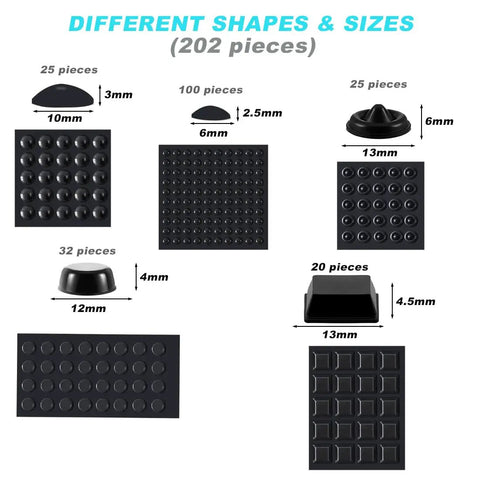 Solid Grip Furniture Bumper Pads 202 Piece Assorted Pack Premium Silicone Self Adhesive Non Marking Rubber Feet assorted shapes and sizes.