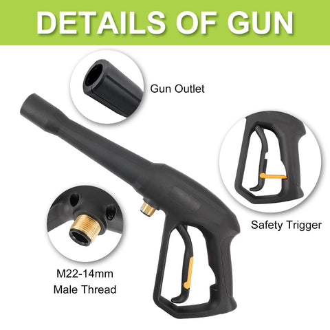 Replacement Spray Gun With Extension Wand And M22-15 Connector For 1900 PSI Electric Pressure Washers, handle and nozzle close-up