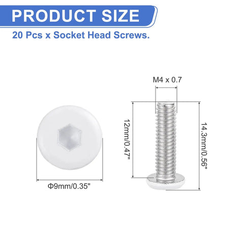 20 Piece Pack M4-0.7 X 12Mm Button Head Hex Socket Screws Hella Durable 304 Stainless Steel With Full Thread Self Tapping Design For Furniture And Auto Diy Hardware Fixes, showing dimensions.