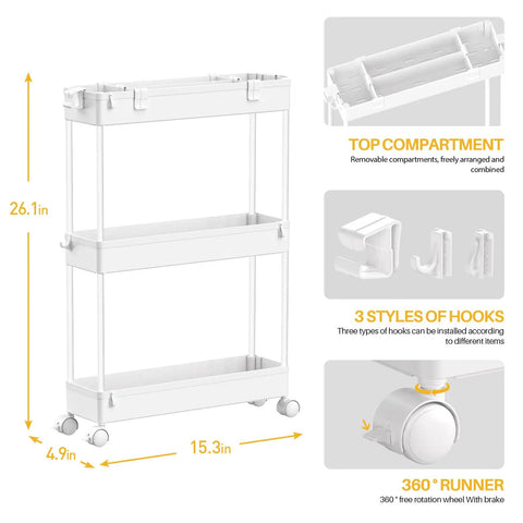 Compact 3 Tier Storage Cart With Rolling Utility Wheels, Slim Mobile Shelving Unit Slide Out Design, White Finish, dimensions shown