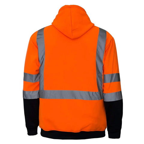 Hi Vis High Visibility ANSI Class 3 Sweatshirt Hooded Pullover For Men With Knit Lining Orange Large, back view with reflective strips