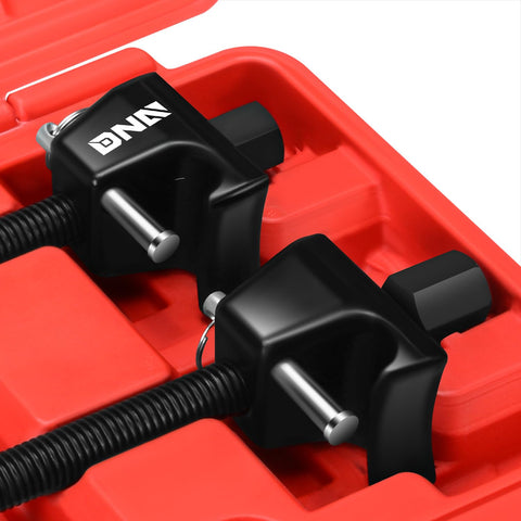 Close-up of 2-Pack 11.5 Inch Spring Compressor Tool Kit with Locking Pin for Suspension Work in red case, heavy-duty MacPherson strut service tool.