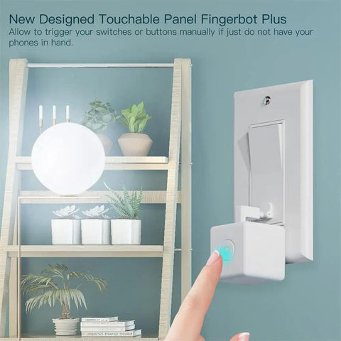 2nd Gen Smart Bluetooth Fingerbot Plus Wireless Light Switch Button Pusher in use on wall switch, Smart Life Tuya App compatible