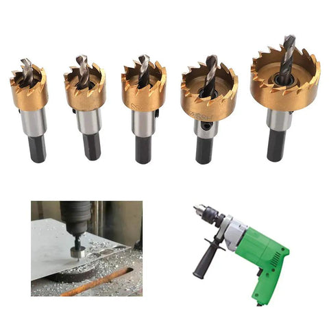 Get Your Drill Game On With This Mtlavishness 5 Piece High Speed Steel Hole Saw Set Perfect For Cutting Sheet Metal And Stainless Steel Like Total Pro In The Workshop Or Crafting Any Thick Job You Got. 5-piece HSS hole saw set for metal cutting, shown with drill and sheet metal