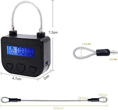 Heavy Duty Electronic Timed Padlock With Bright LCD Countdown Screen Setting Up To 99 Hours USB Rechargeable Combo Lock For Gym Gear School Backpacks And Storage Boxes White Finish side view with dimensions.