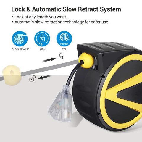 Retractable Cord Reel With Slow Auto Return Heavy Duty 50 Foot 14 3 SJTW Cord Lighted Triple Tap Outlets 13 Amp Circuit Breaker Ceiling Or Wall Mount ETL Listed Keeps Cords Tidy And Tangled Free Kid And Pet Safe No Cap